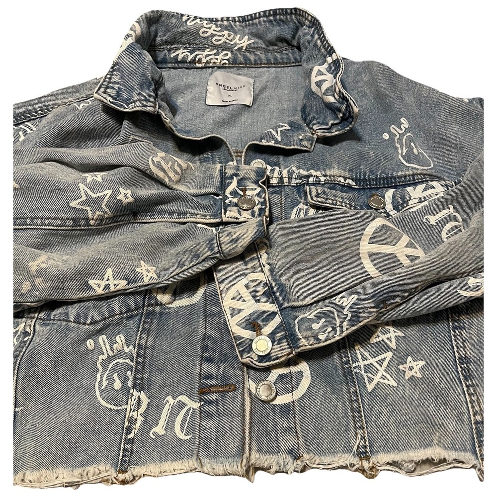 Angel Kiss Los Angeles Blue Graphic Denim Jacket Cropped Distressed Hem Size XL